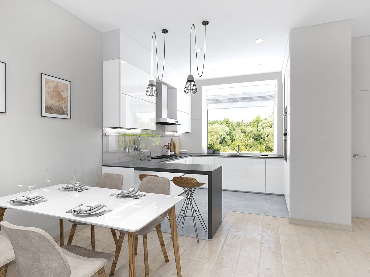 Кухня-гостиная с деревянными панелями