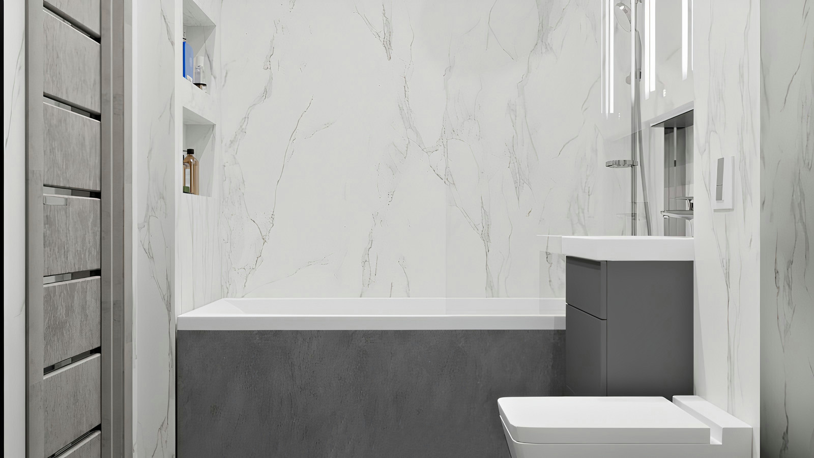 Монохромная ванная в минималистичном стиле