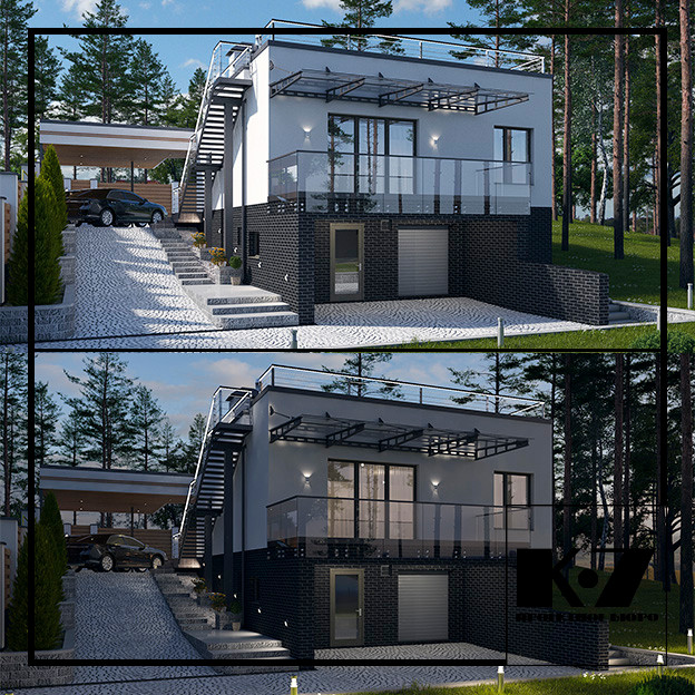 Экстерьер гостевого дома с консольным навесом на две машины и забором