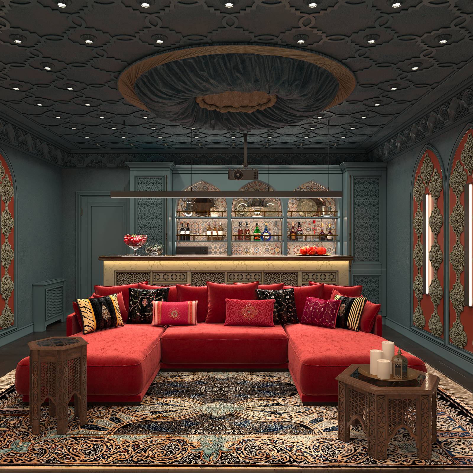 Интерьер Кинозала в цокольном этаже загородного дома в Восточном стиле