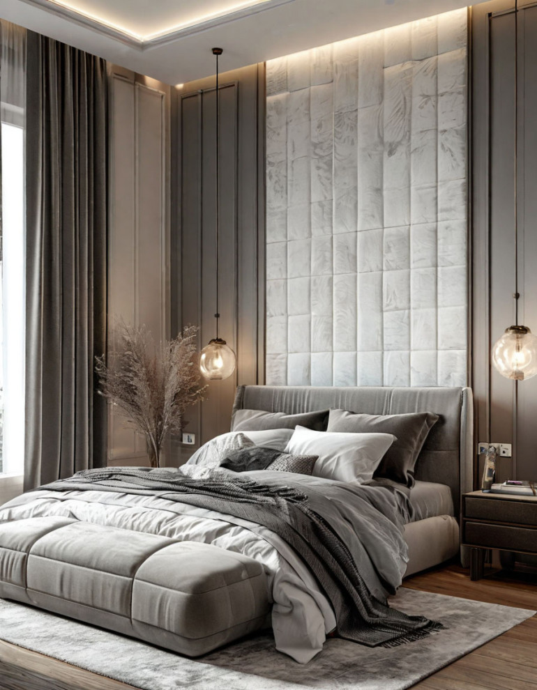 Современные спальни с различным декором и панелями