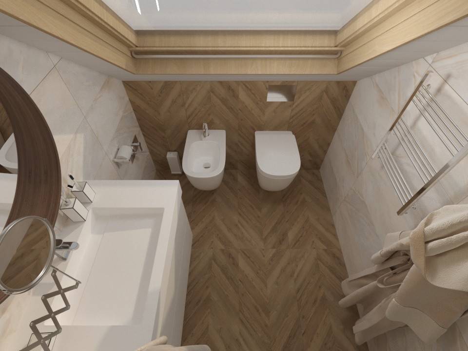 Санузел с мансардным окном в доме на берегу Волги