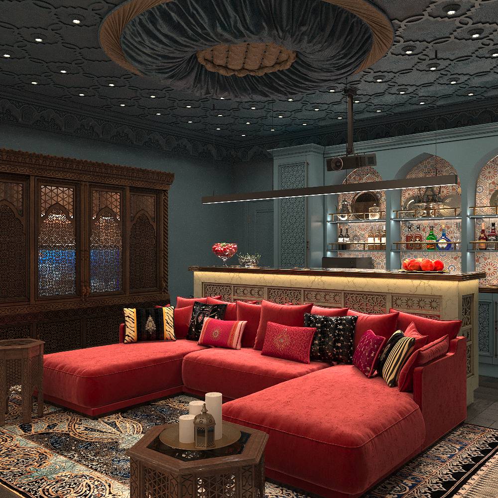 Интерьер кинозала в цокольном этаже загородного дома в Восточном стиле