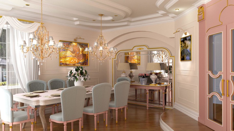 Дизайн-проект роскошной классической кухни-столовой в пастельных тонах.