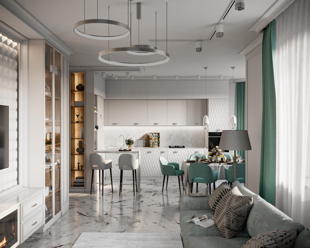 Мятная неоклассика. Кухня-гостиная в загородном доме.