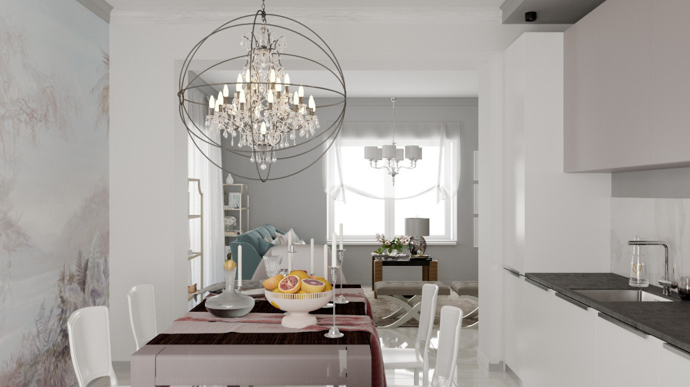 Интерьер кухни-гостиной в коттедже для семьи из 4 человек