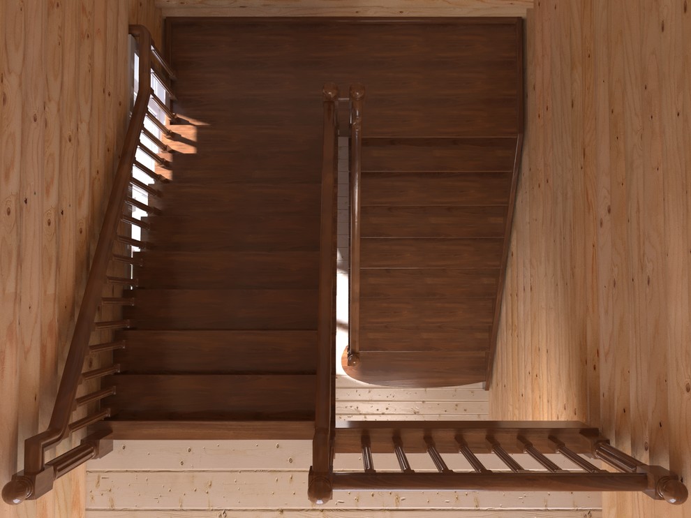 Обложка проекта: 3D визуализация лестницы из дуба в бревенчатом дом