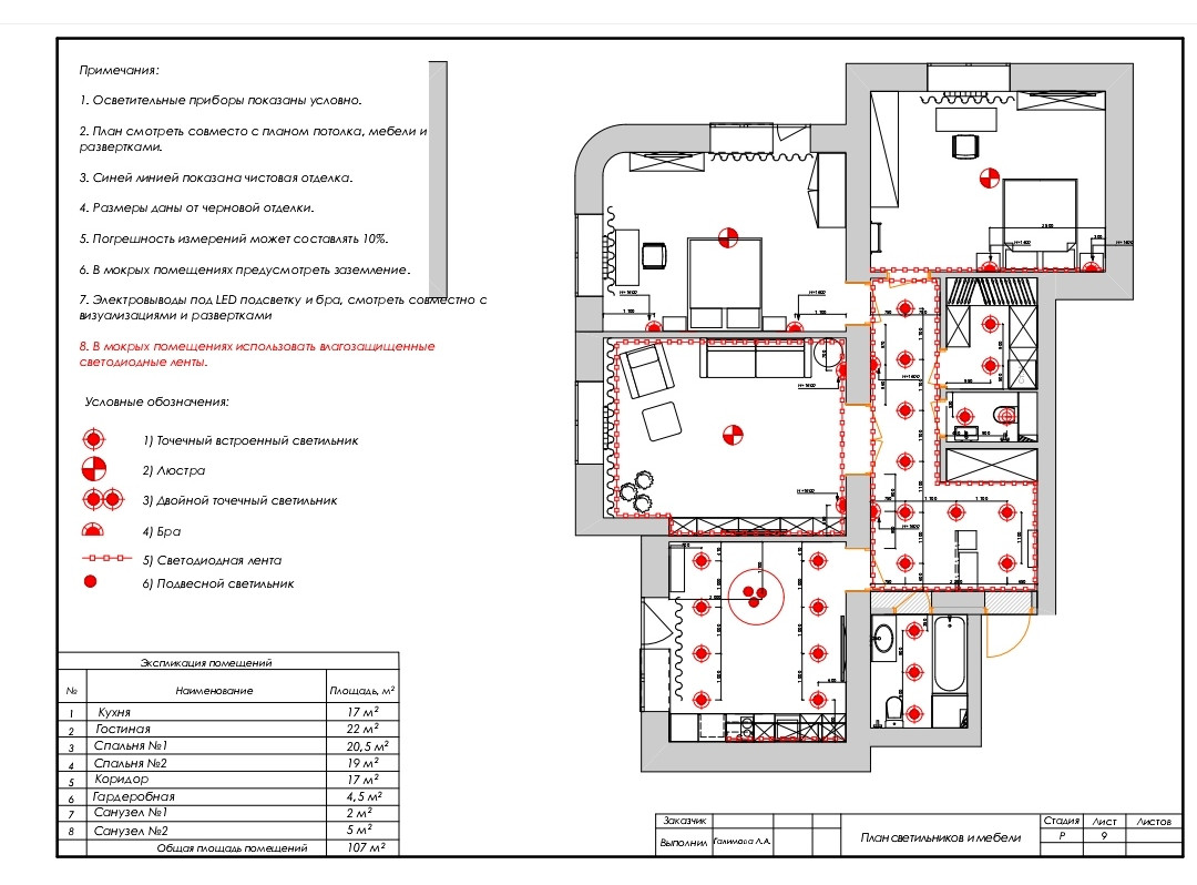 План светильников и мебели