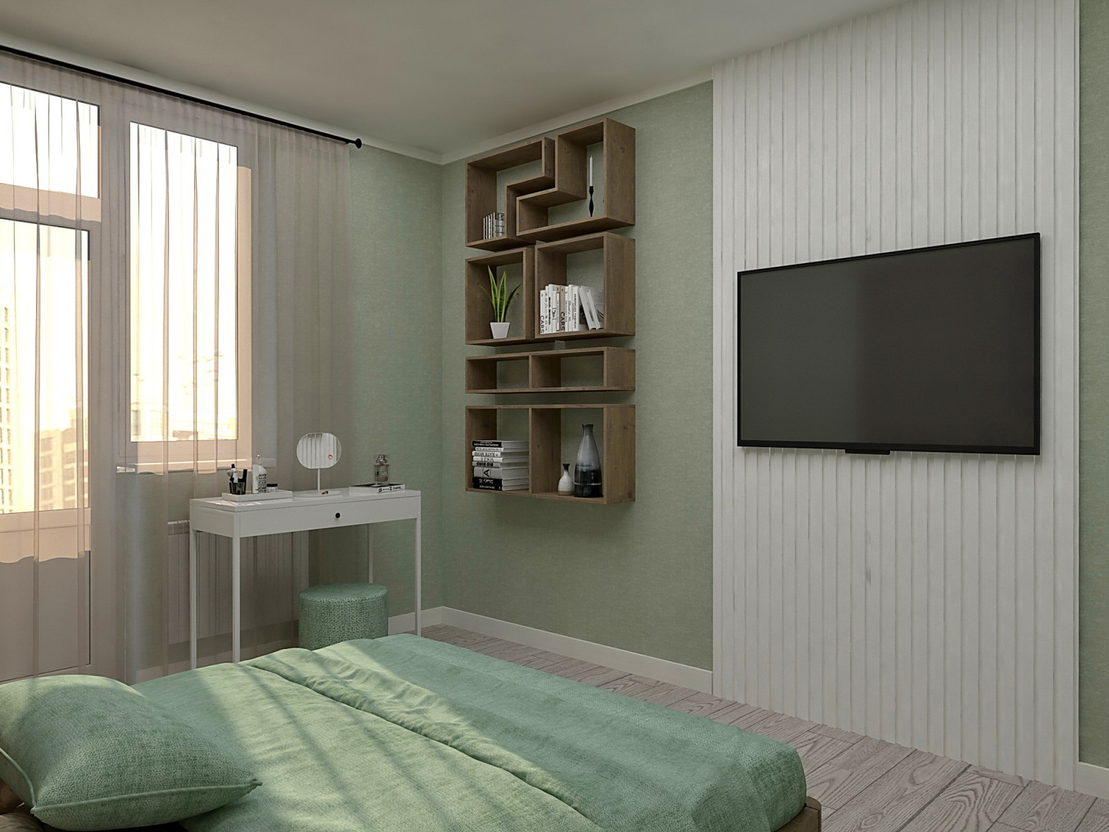 Спальня с системой хранения в изголовье кровати