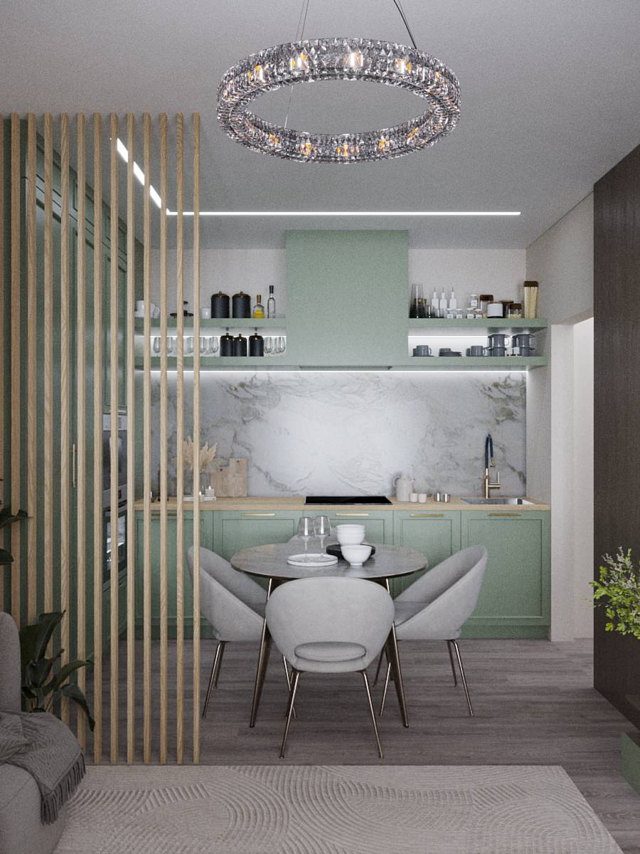Дизайн кухни-гостиной в оливковом цвете