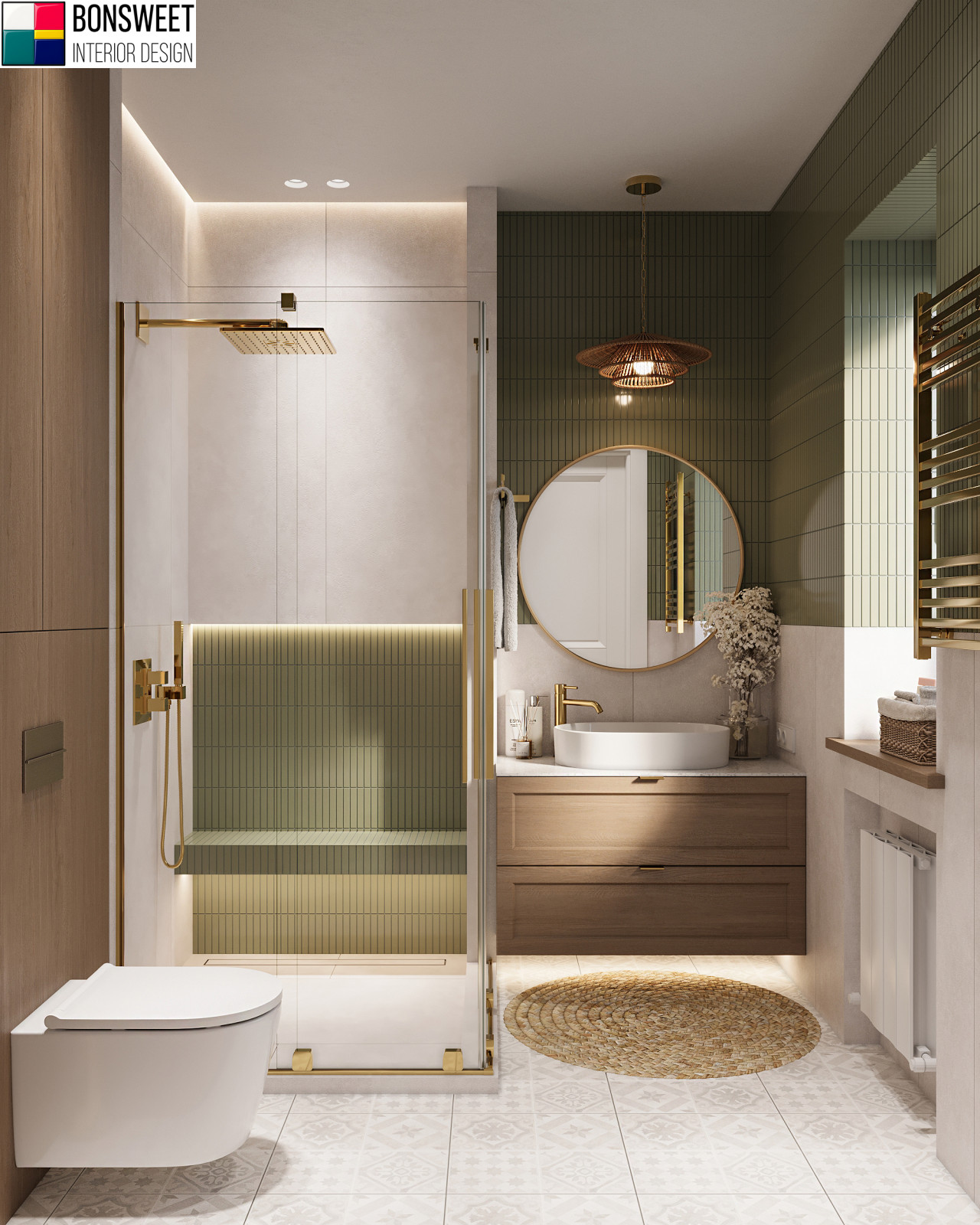 Обложка проекта: Душевая комната с зеленой мозаикой