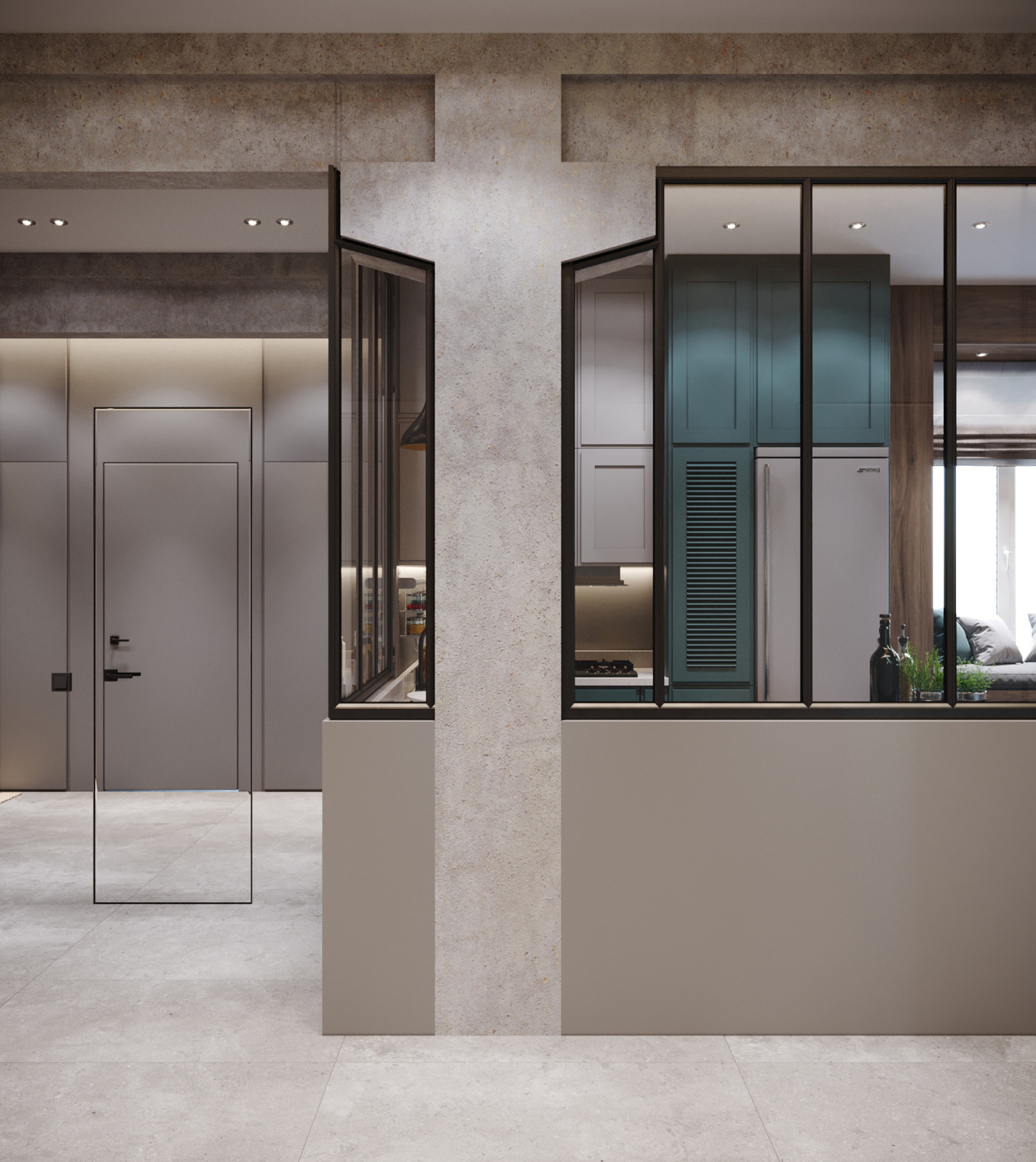 Квартира на Обводном. Коридор. Стеклянная перегородка. Колонна.