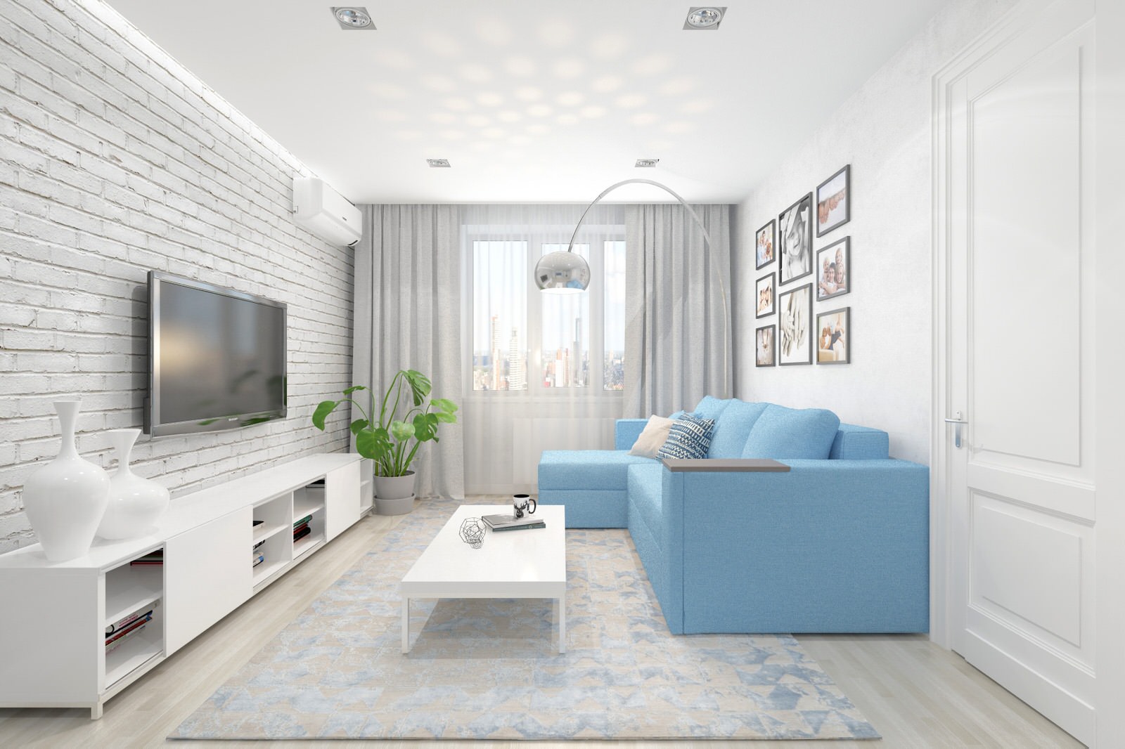 Гостиная комната с голубым диваном