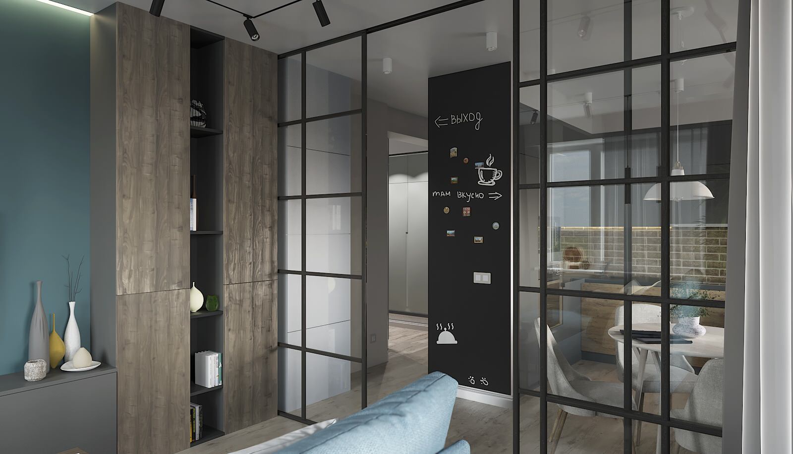 Вид из гостиной на прихожую и кухню.