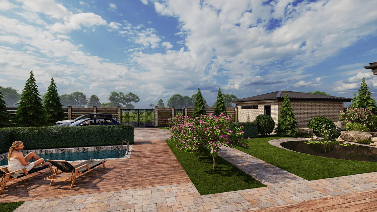 Проект по благоустройству дома с бассейном и водоемом