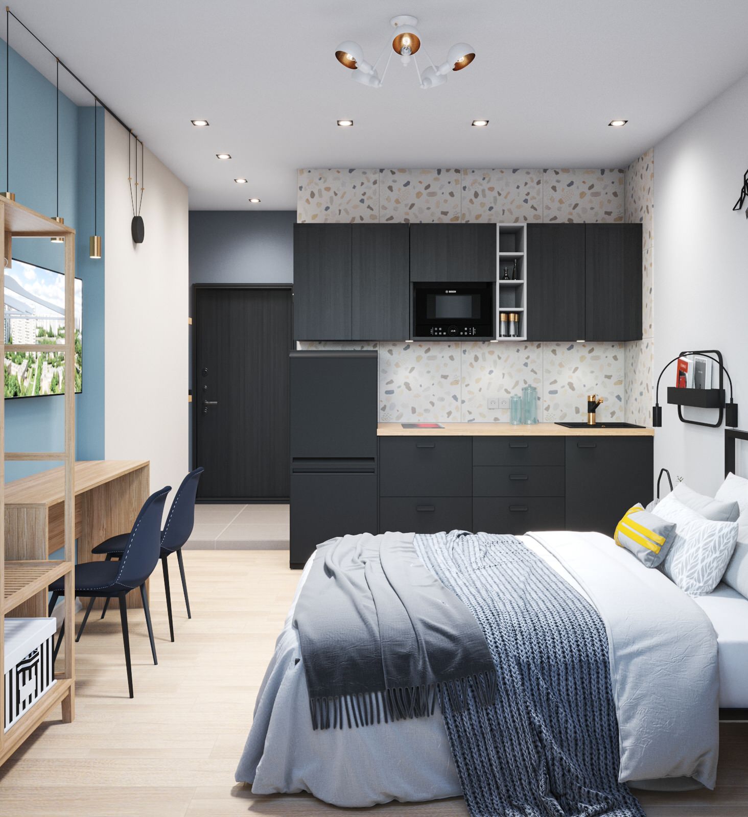 Студия для аренды с пятнистой плиткой