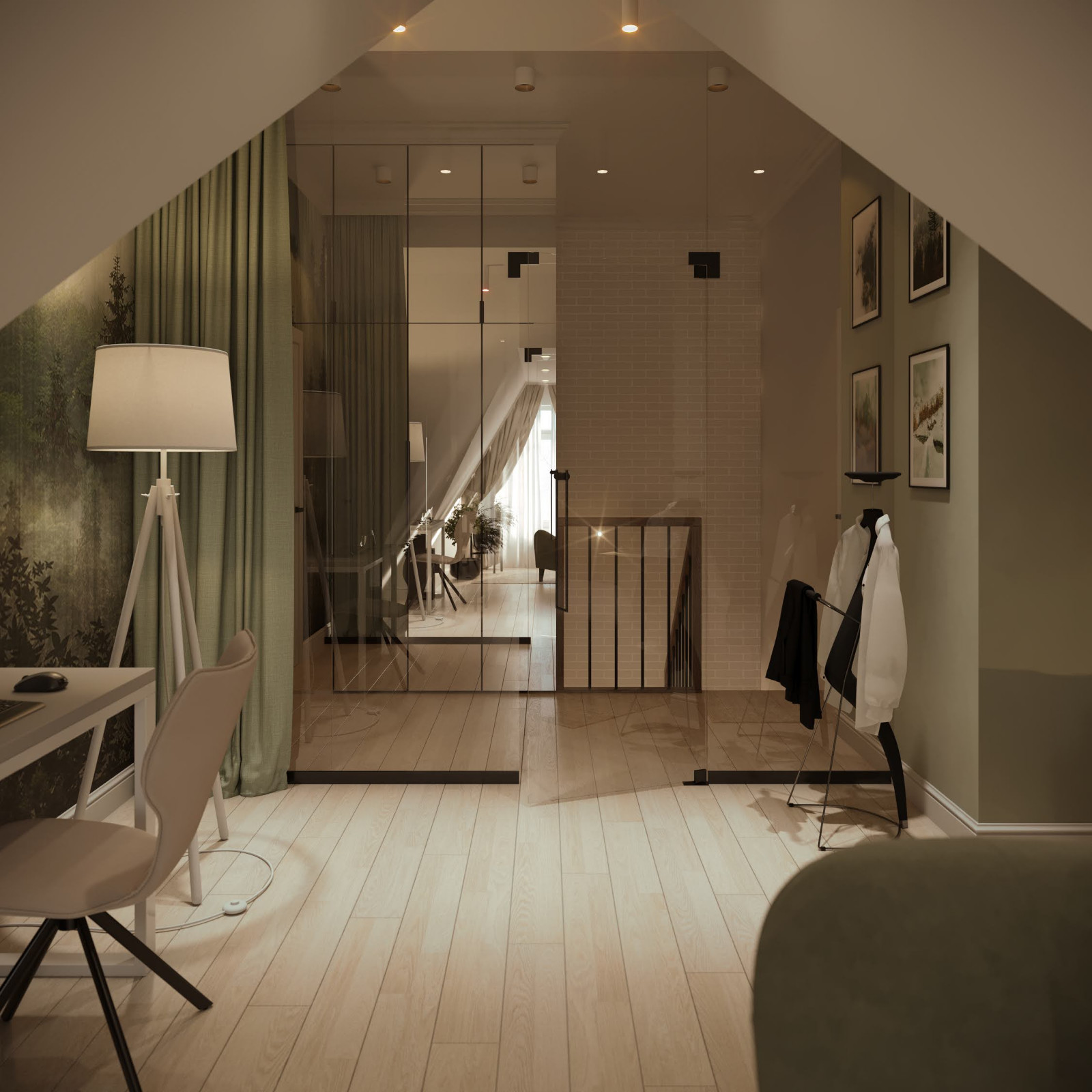 Глубокий встроенный шкаф с зеркальными дверцами для одежды