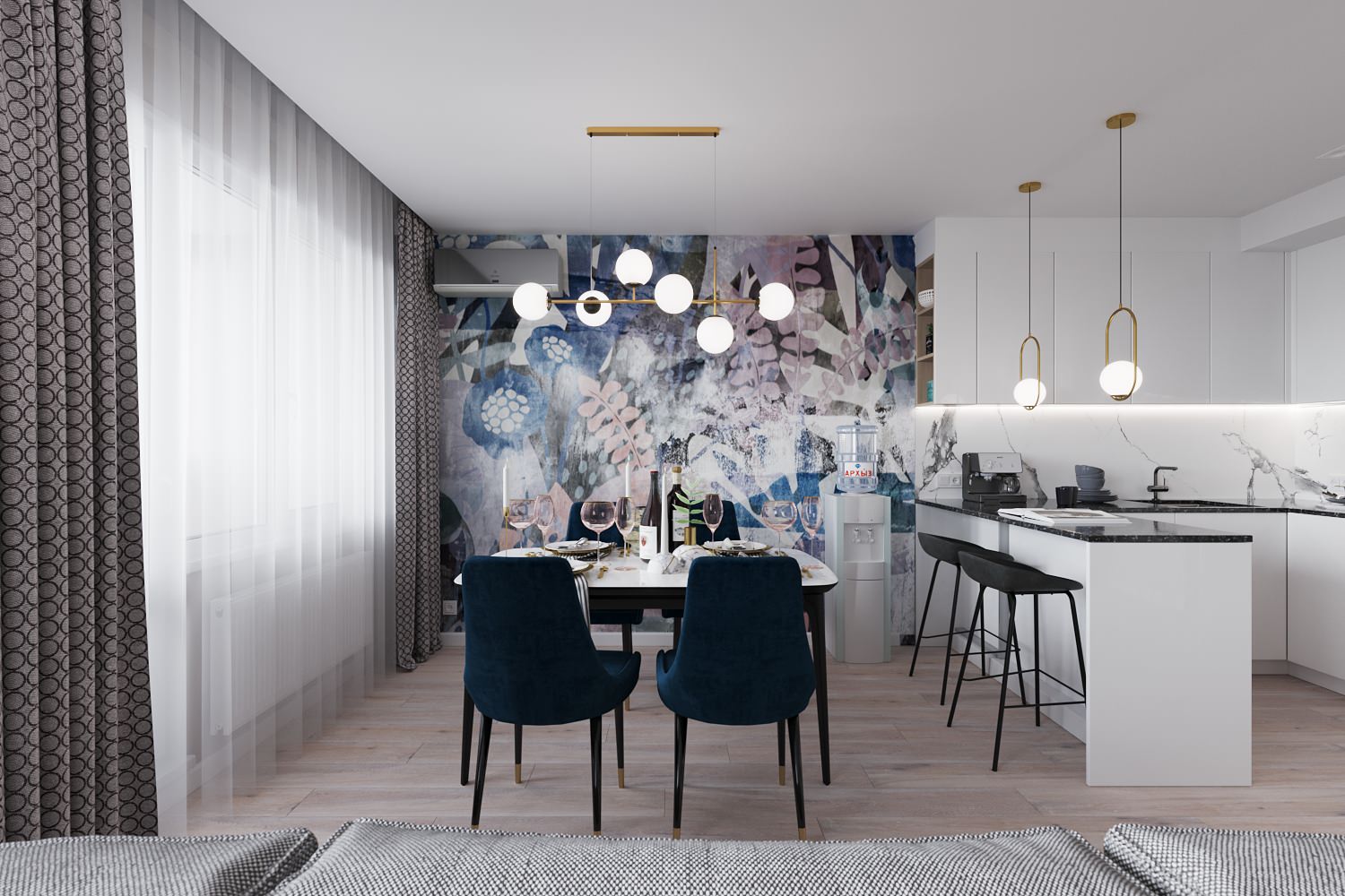 Кухня-гостиная с акцентной фреской