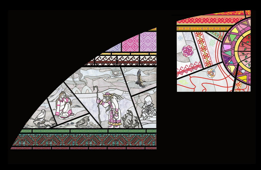 Музей "Калевала".  Настенный витраж центрального зала.  Левая часть.