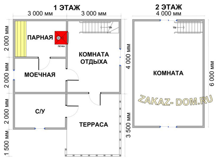 Баня из бруса с мансардой (6х7,5 м) - Проект № 2Б-24
