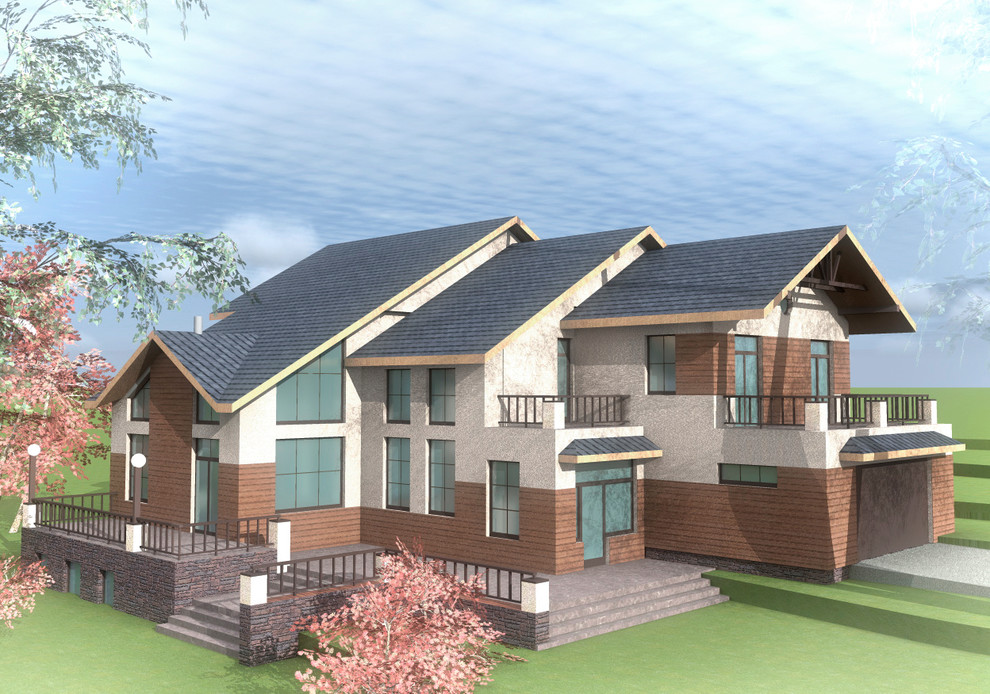 Двухэтажный жилой дом с террасами и балконами