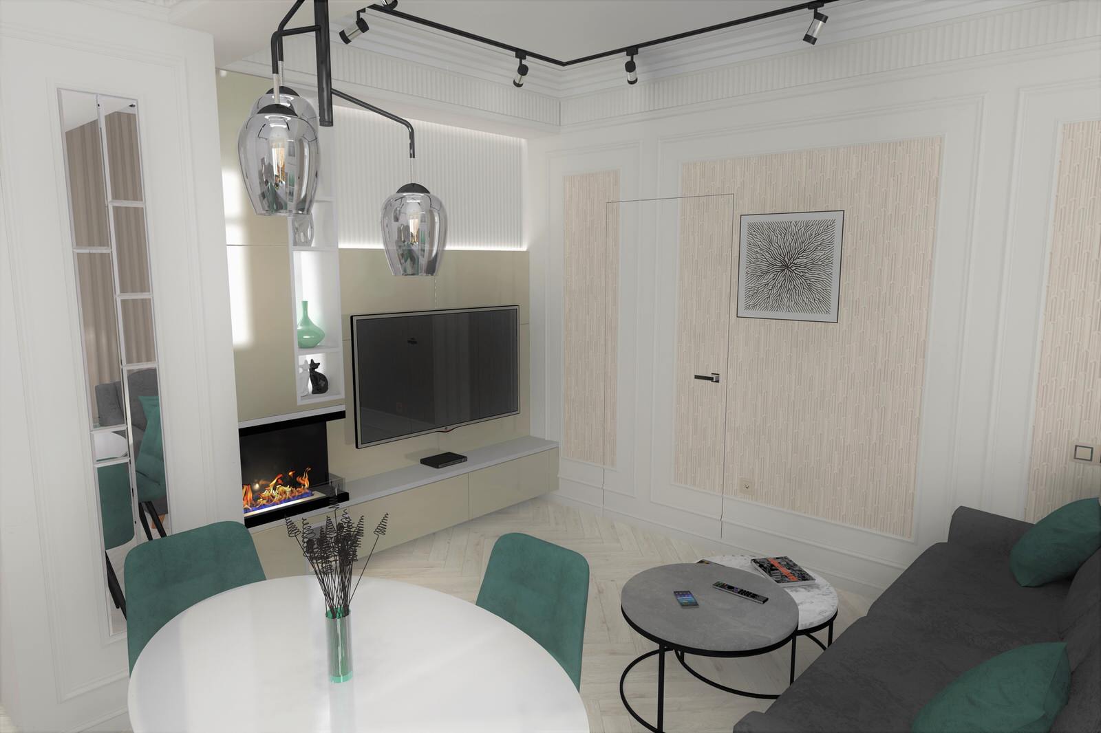 Визуализация части квартиры. Кухня гостиная 18 м2.