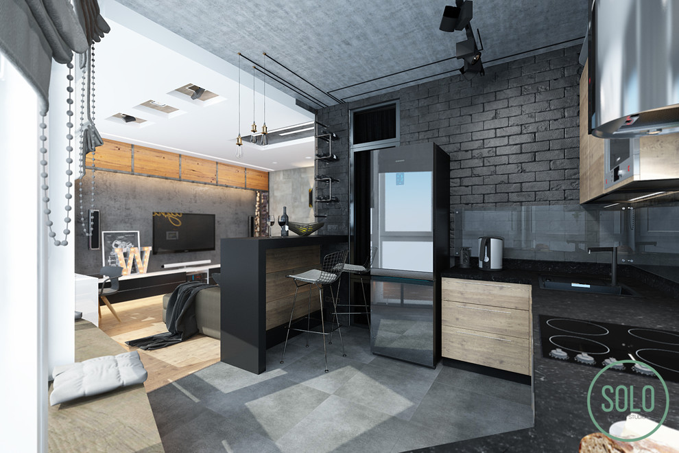 Modern Interior with loft elements for young couple