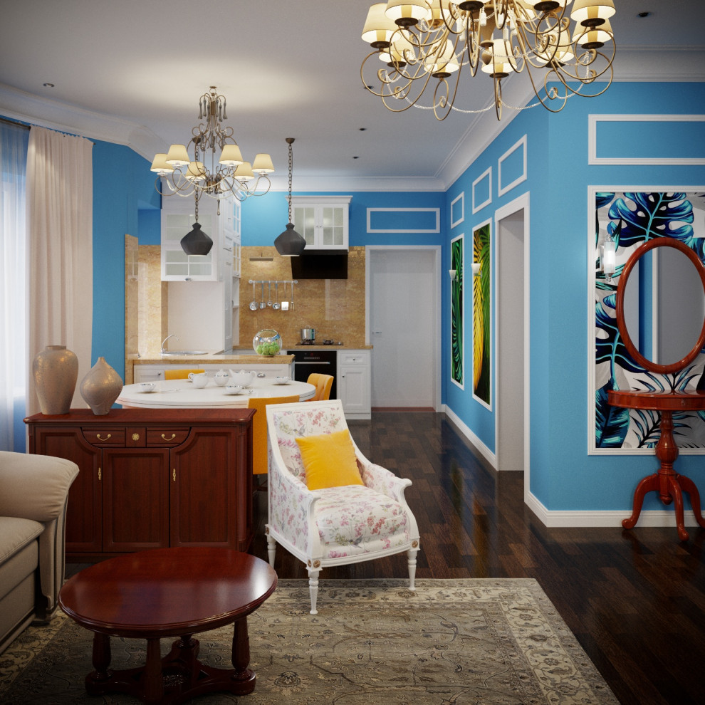 Кухня-гостиная в голубом цвете