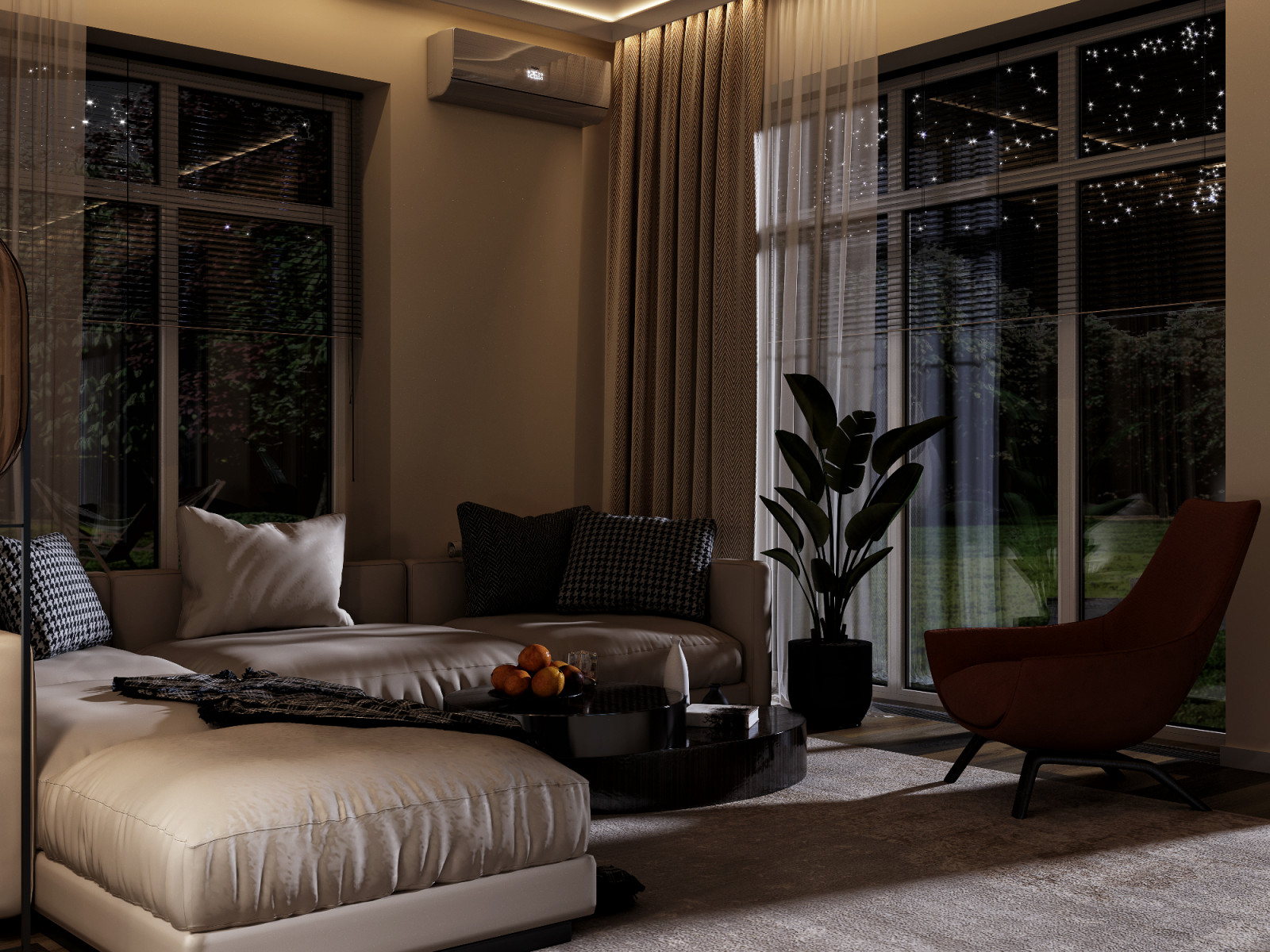 Ночные визуализации гостиной 30 кв.м. в современном стиле