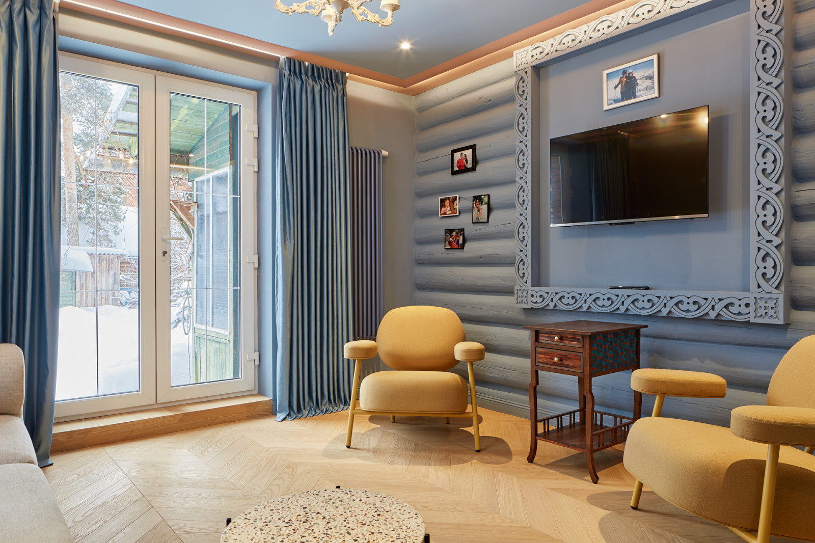 Гжель и маркетри, кухня-гостиная