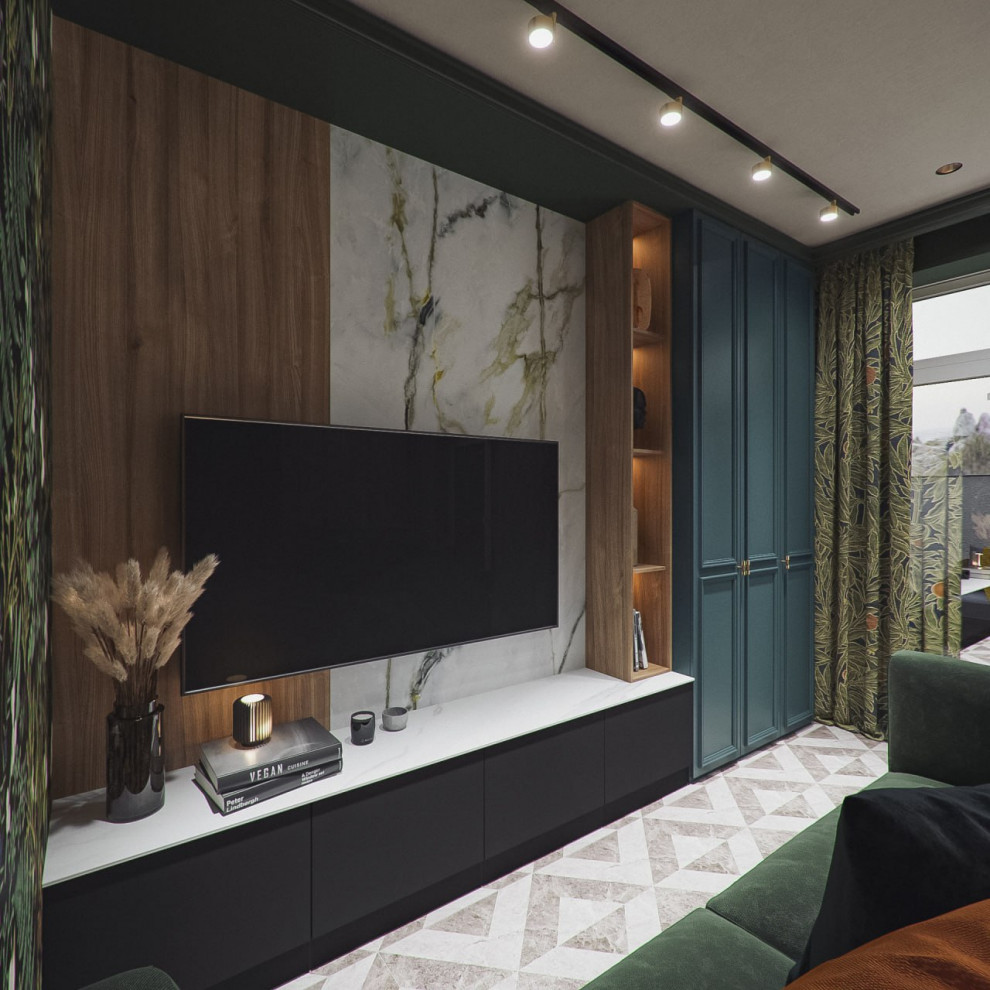 Гостиная на цокольном этаже таунхауса с выходом на улицу в зону барбекю