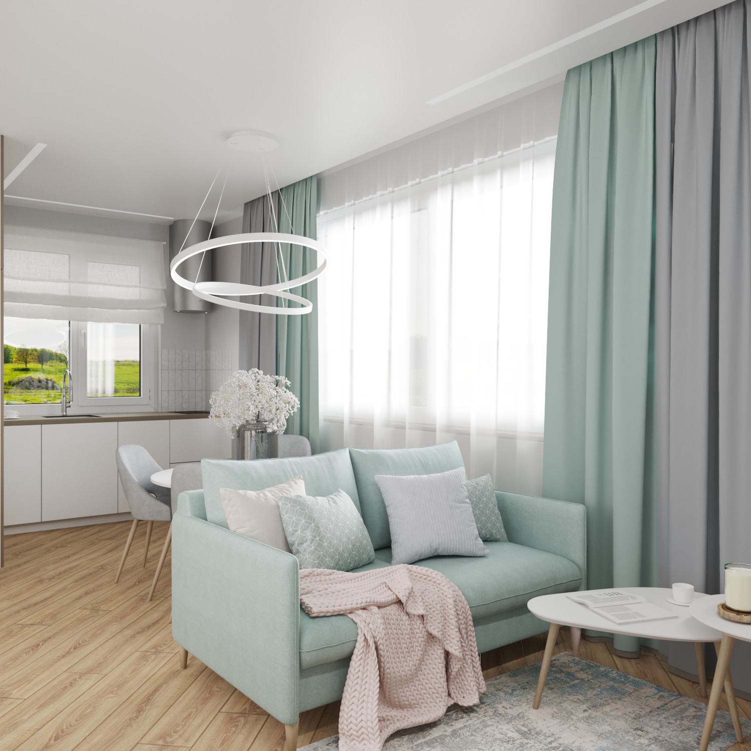 Светлая кухня-гостиная в загородном доме