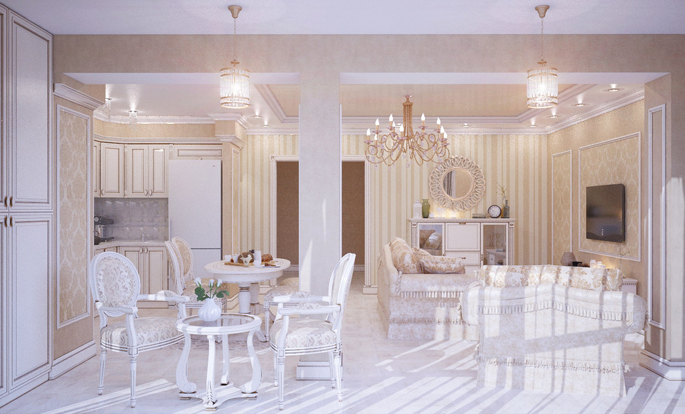 Gold and creamy traditional living room and kitchen