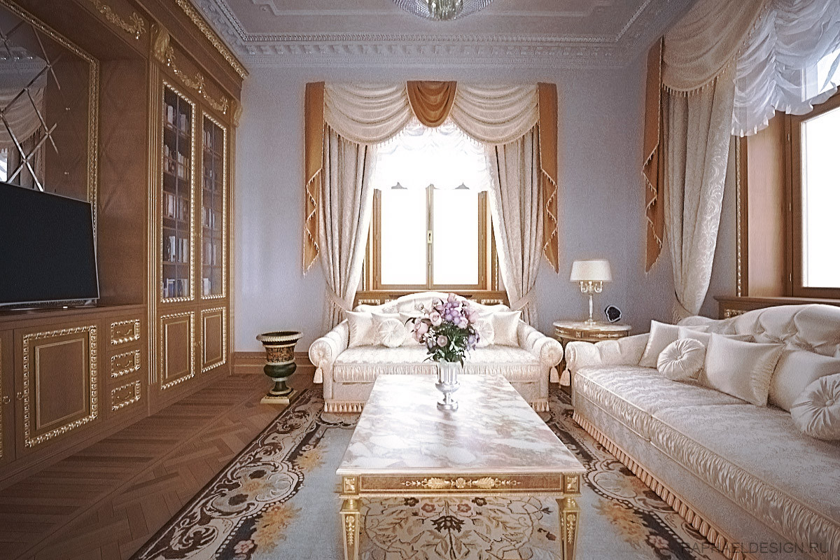 Дизайн проект интерьера гостинной загородного дома в неоклассическом стиле