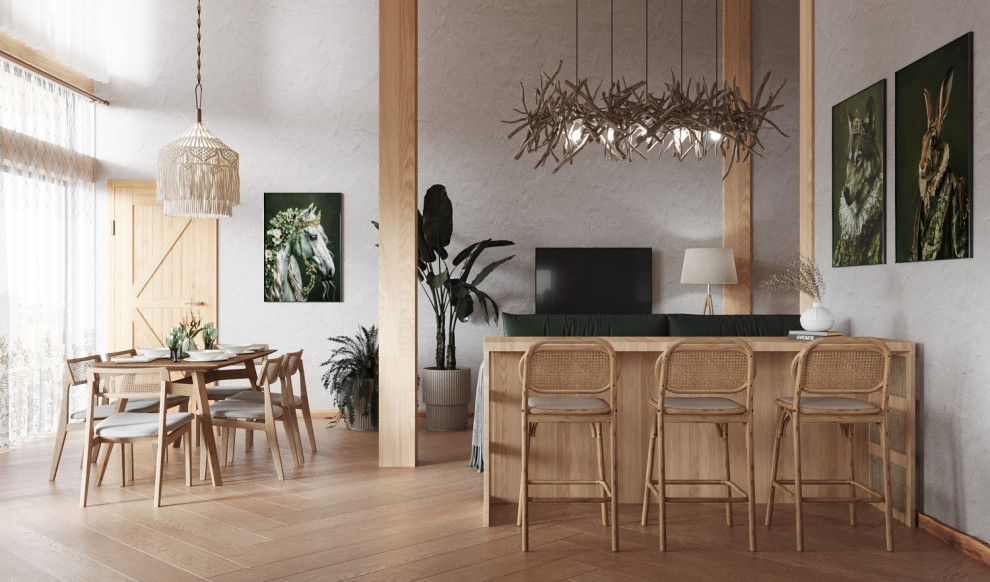 Визуализация кухни-гостиной для дома в стиле Фахверк в гостиничном комплексе