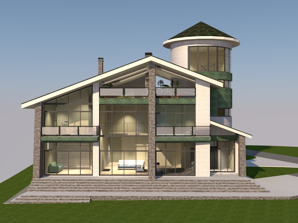 18-080 Трехэтажный жилой дом с башней и террасой под крышей