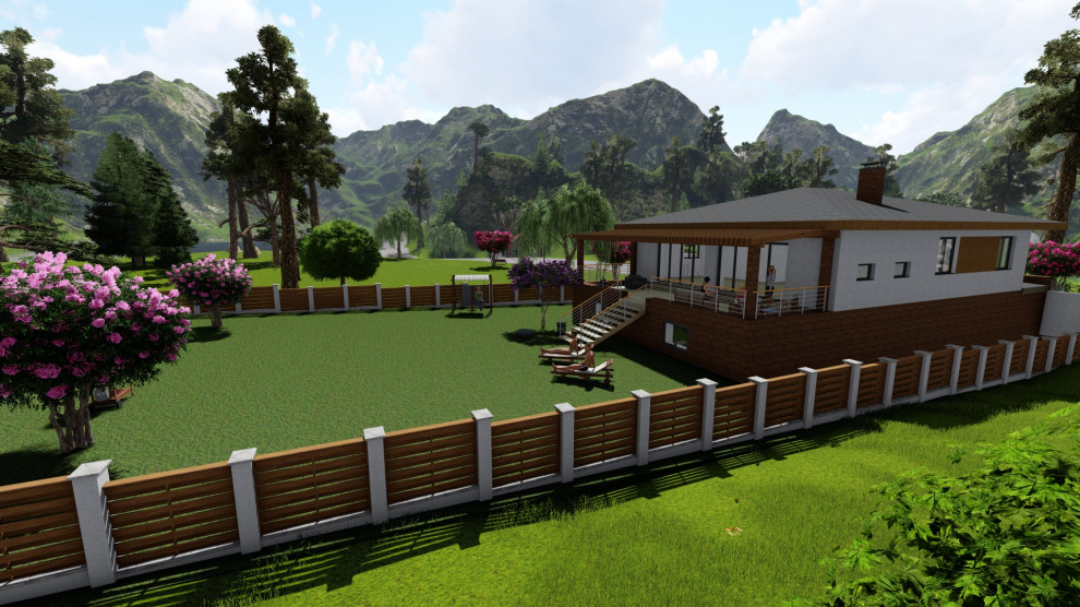 Дом на уклонном участке с цокольным этажом, и открытой терассой