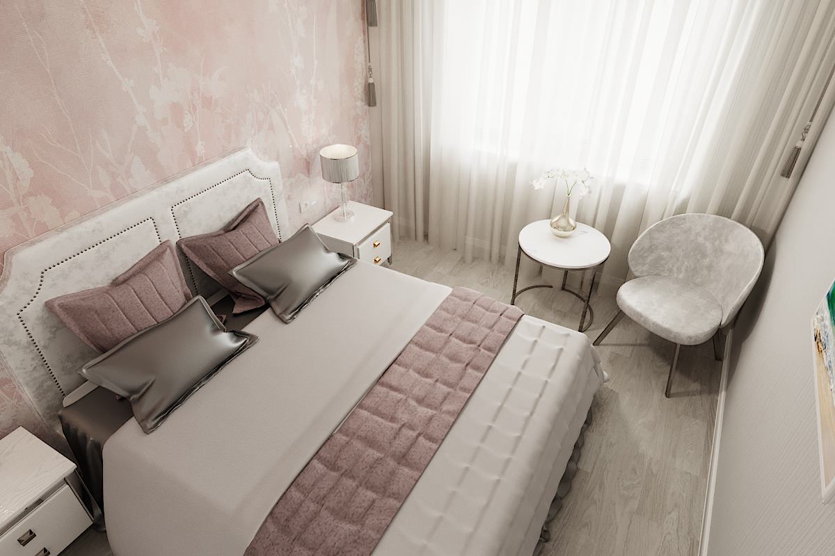 спальня для девушки в  дымчато-розовом с серым