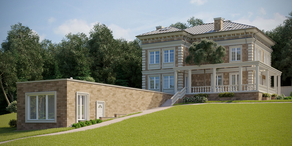 Дом с кленом на террасе. Терраса с колоннами