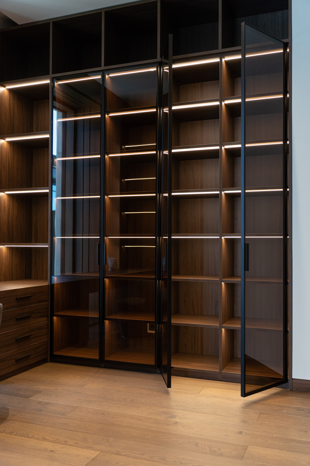 Гардеробная комната с распашными стеклянными RPE фасадами