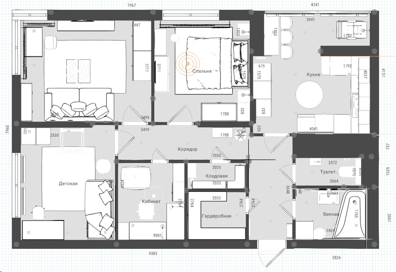 4хкомнатная квартира для молодой семьи с кабинетом в кладовке