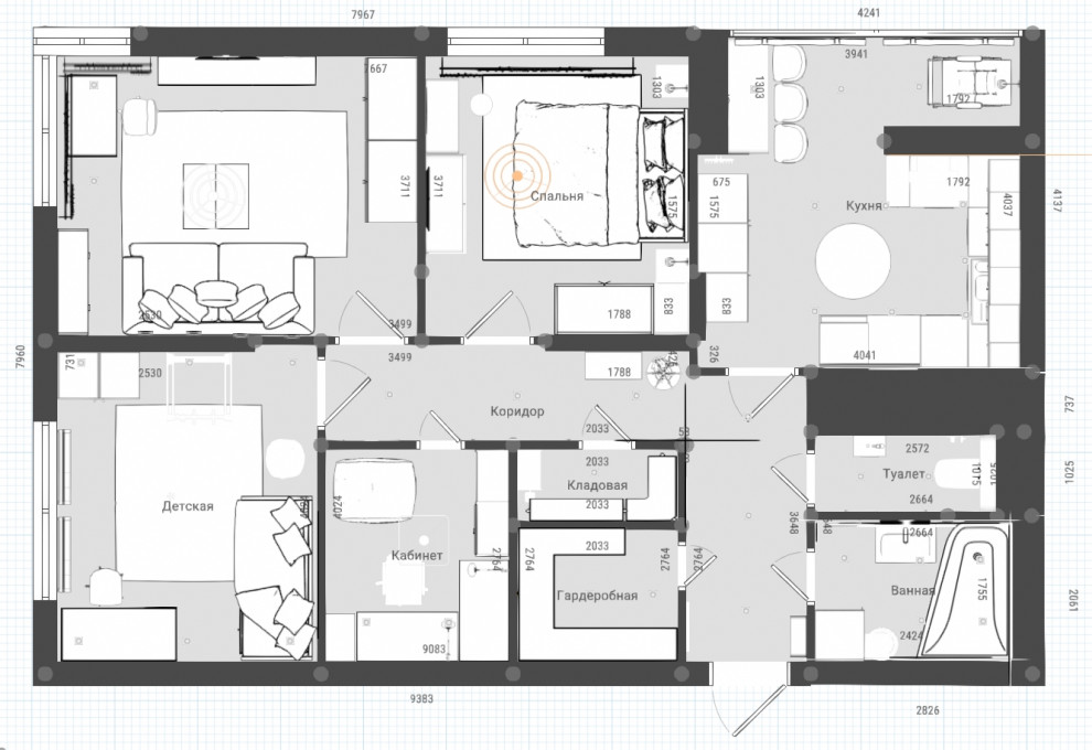 4хкомнатная квартира для молодой семьи с кабинетом в кладовке