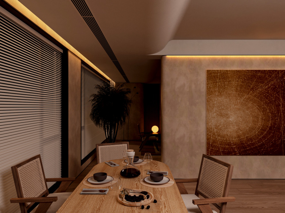 кухня-гостиная в тёплом стиле. Скандинавский стиль, "Джапанди"