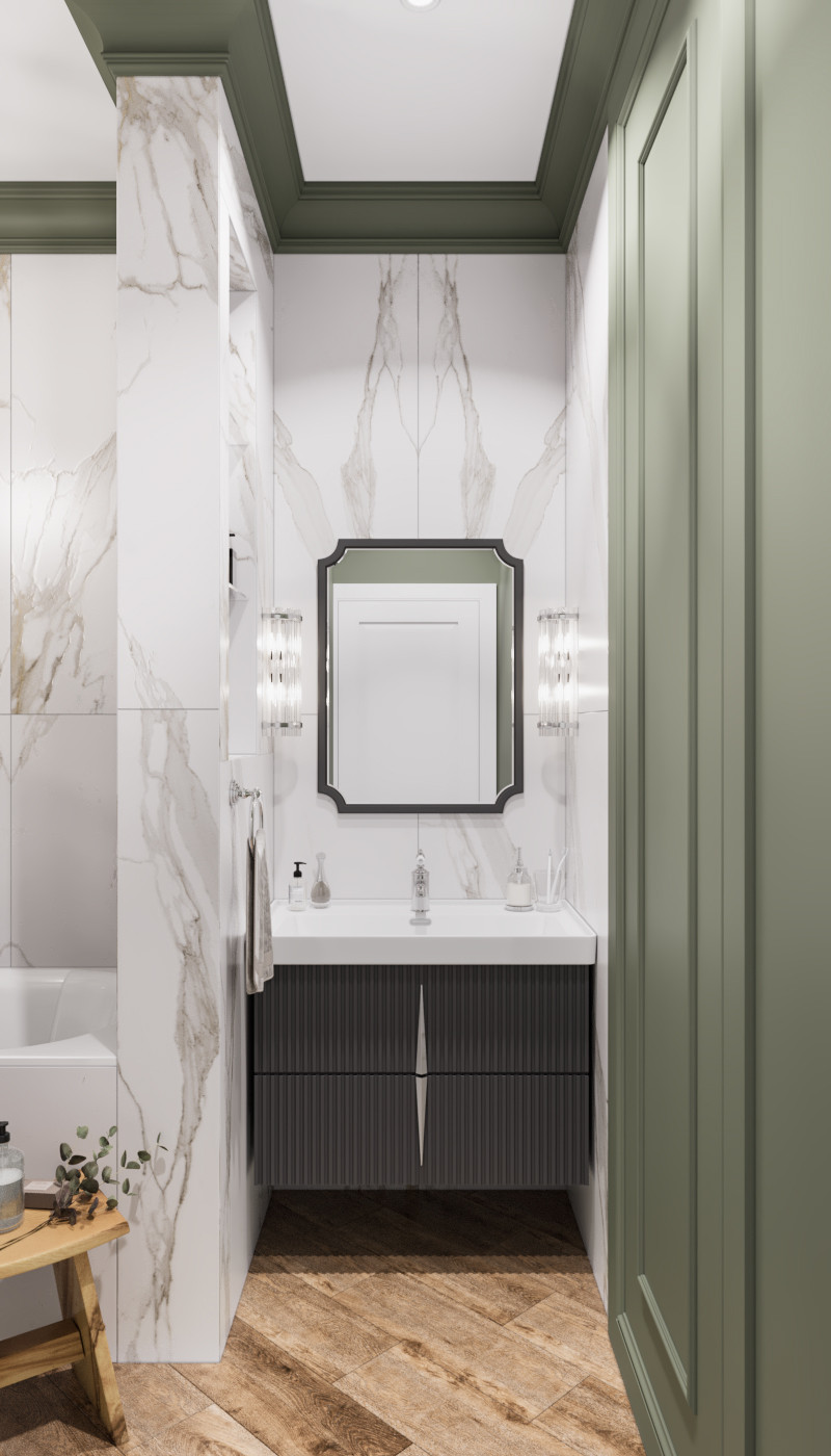 Дизайн интерьера в неоклассике с зелеными акцентами