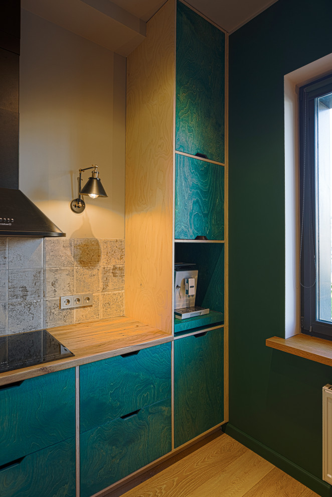 Кухня из фанеры с открытыми торцами ящиков.