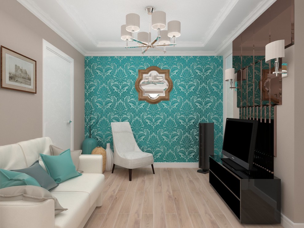 Обложка проекта: Кухня гостиная с бирюзовыми обоями