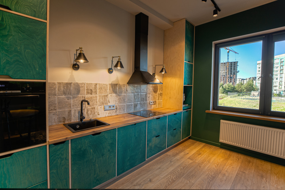 Кухня из фанеры с открытыми торцами ящиков.