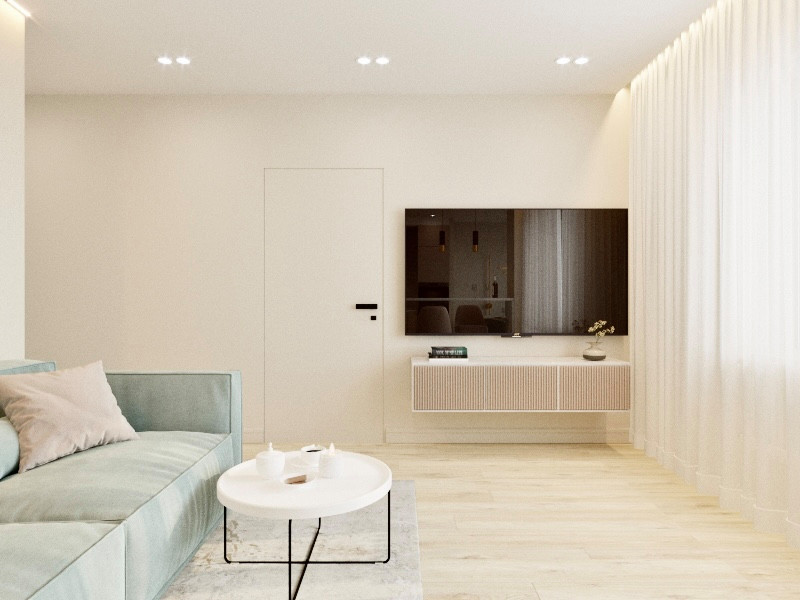 "Нотки Ментола" в кухни-гостиной для молодой пары в ЖК Лесопарковый