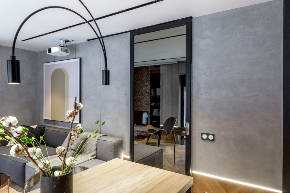 Глянцевая кухня с бетонной стеной