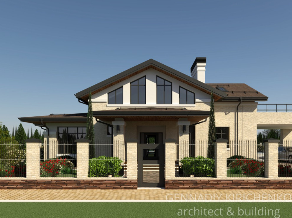 Проект двухэтажного дома с мансардой и навесом под два авто.